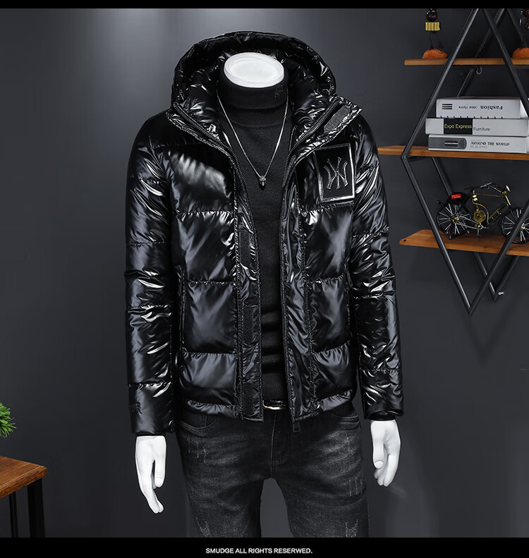 酷奇酷琦双g家2022高端冬季白鸭绒黑色连帽亮面时尚羽绒服欧货休闲