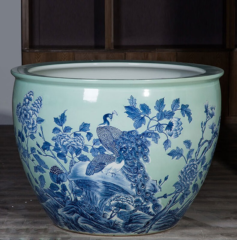 臻爵家饰景德镇陶瓷青花山水大缸大缸特大号陶瓷鱼缸客厅摆件风水招财