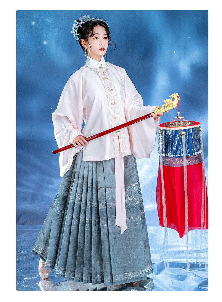 重回汉唐汉服女 青麟髓明制立领对襟袄裙织金马面裙原创秋冬 海蓝马面