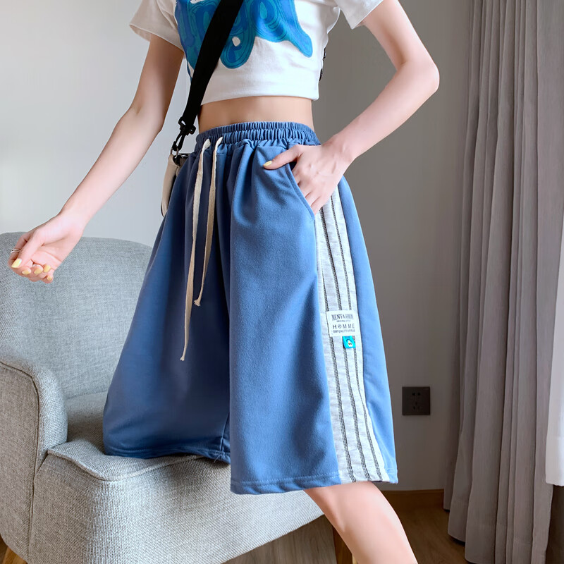 中长款过膝短裤女运动夏季薄款设计感小众高腰宽松阔腿五分裤子 灰色