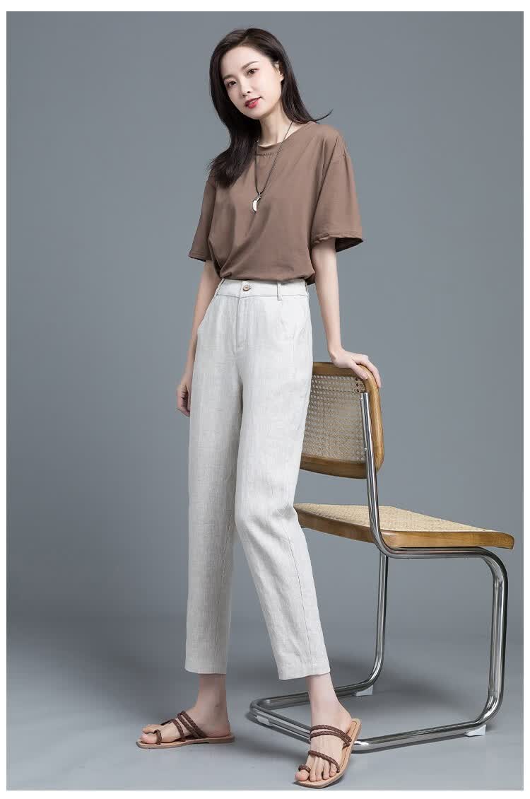 梦舒雅棉麻休闲裤女2022夏季薄款亚麻女裤九分小脚哈伦裤宽松大码萝卜
