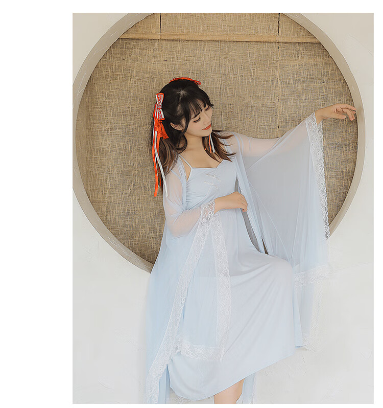 风汉服睡衣女秋季盘扣古代纯棉蕾丝复古风吊带裙睡袍套装寝服 白色 加