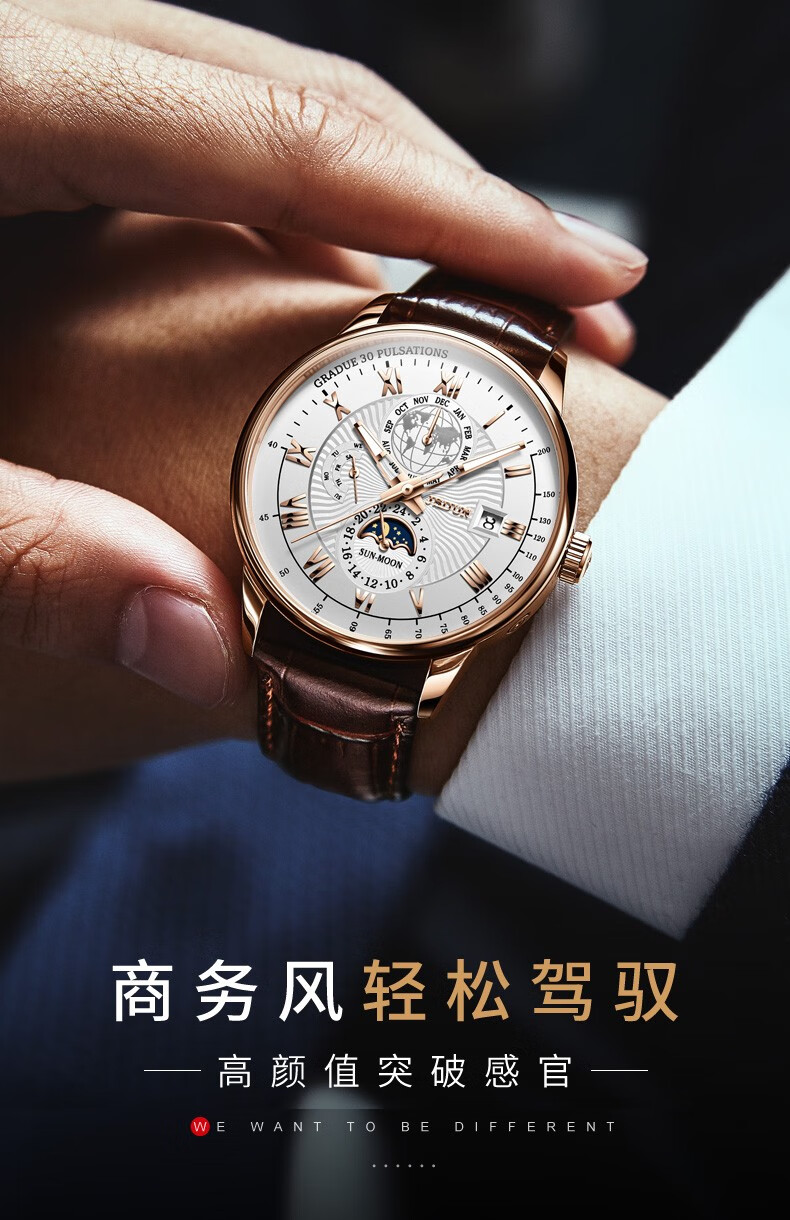 金仕盾jsdun瑞士认证男士手表全自动手表男机械表运动时尚月相腕表多