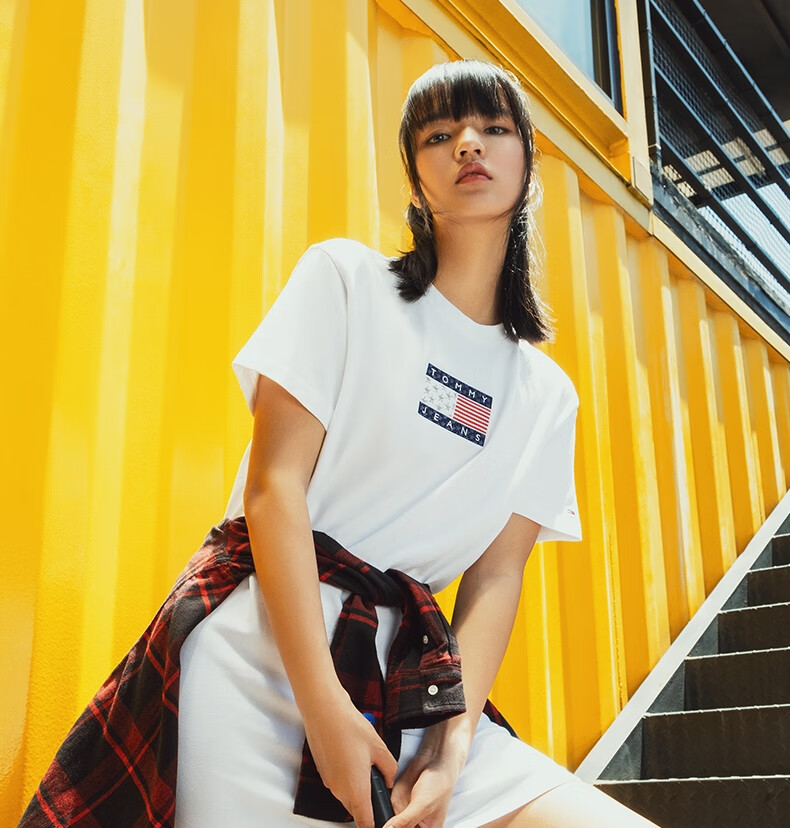 tommy女装简约通勤纯棉圆领刺绣旗标中腰短袖连衣裙dw0dw08463深蓝色c