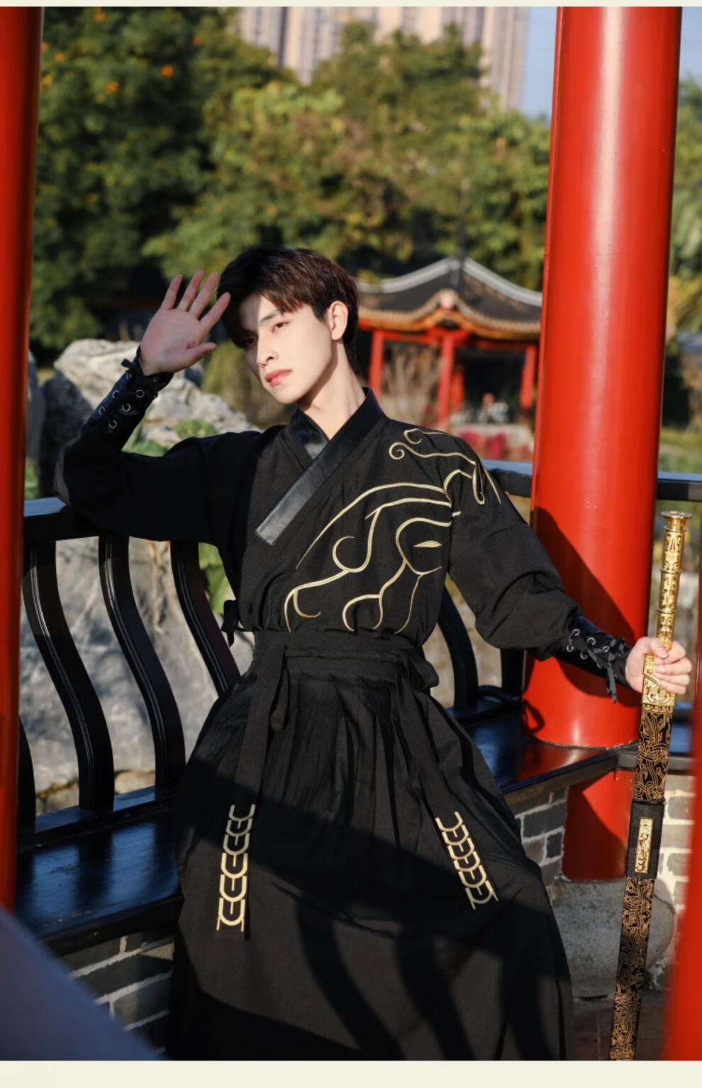 中国风原创汉服男装夏天交领古风武侠剑客暗黑色系班服演出服套装帕孚