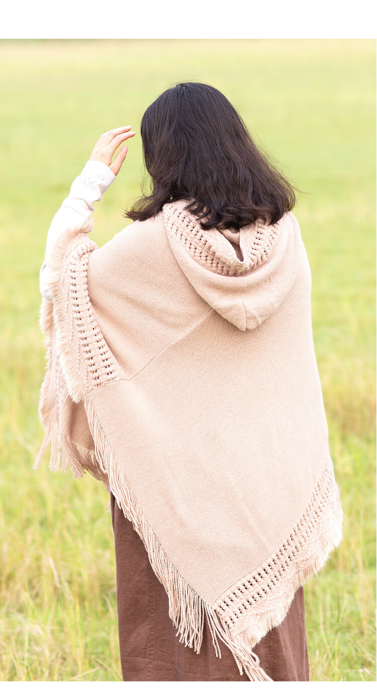 somubay春款纯色带帽披巾女针织外套2020春秋新款保暖流苏连帽斗篷