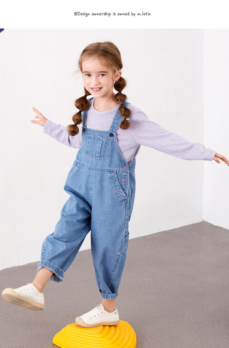 马拉丁童装女大童背带裤春秋秋新款个性牛仔背带长裤子时尚百搭 牛仔