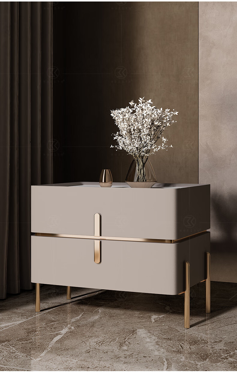 梓桦床头柜简约现代轻奢ins网红床边柜带灯一体意式感岩板收纳柜 【香