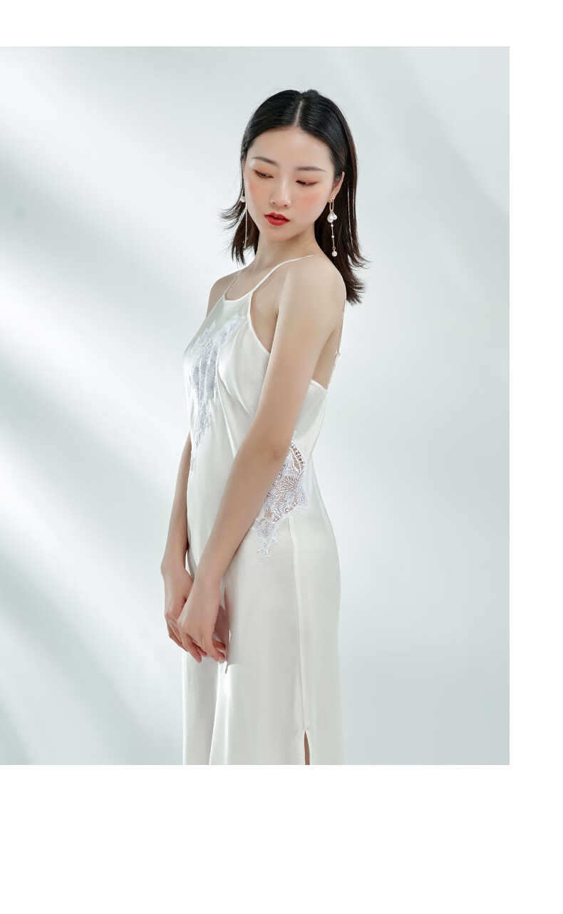 绣娘丝绸真丝睡裙季女士睡衣桑蚕丝吊带睡裙优雅蕾丝姿彩 黑色 165/l