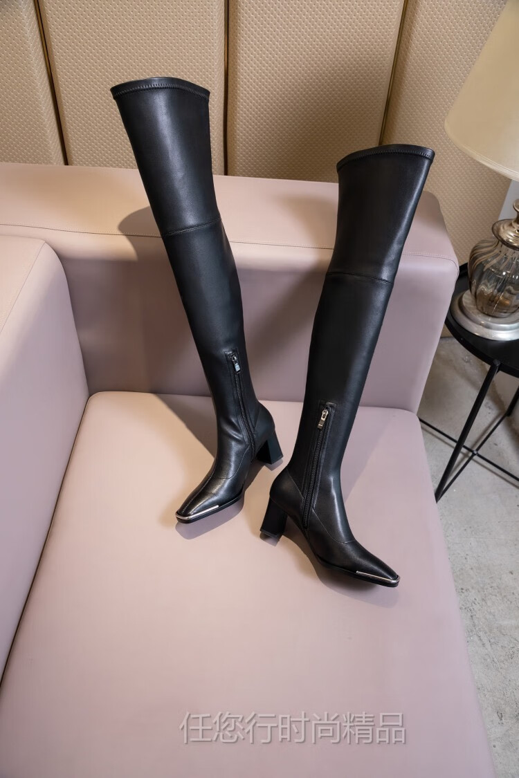 欧美过膝长靴女方头高跟漆皮弹力靴大码41-43不掉筒粗跟包腿显瘦