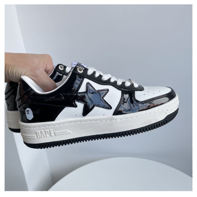 bapesta鞋子黑白滑板鞋刘耀文同款猿人头低帮鞋漆皮运动休闲鞋 黑色