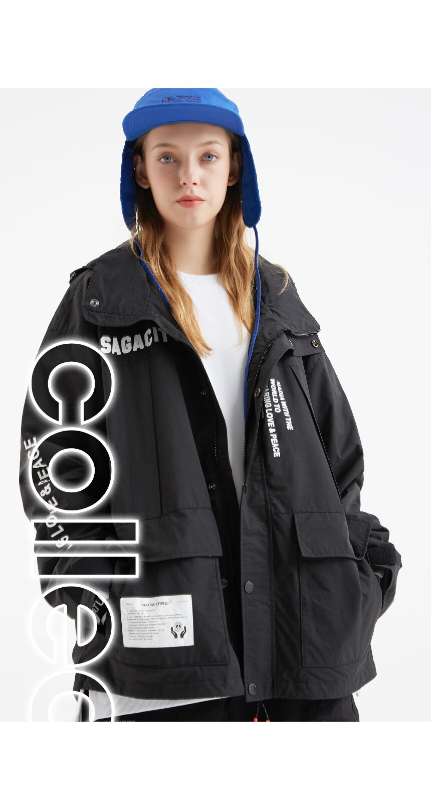 na纳迪亚情侣外套2020秋新款风衣男女连帽潮流短款工装服潮牌白色男xl