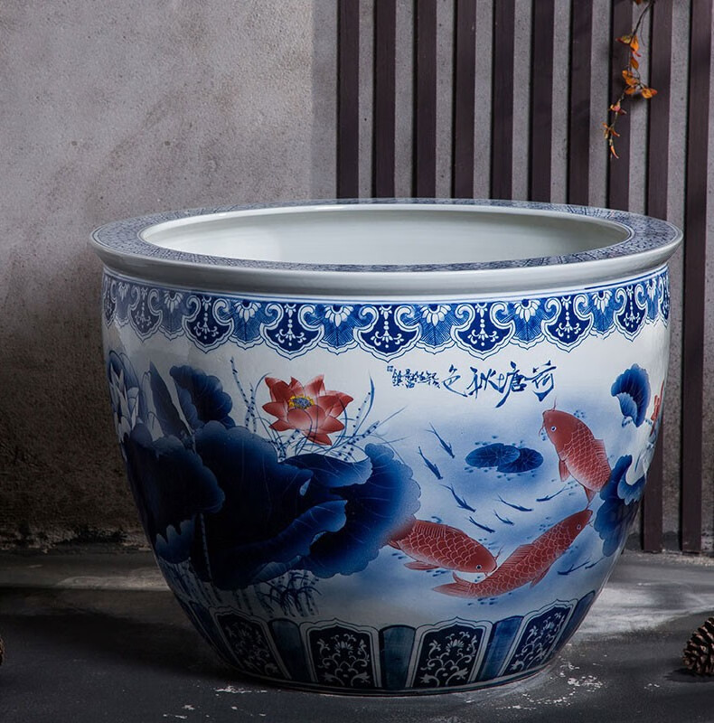 臻爵家饰景德镇陶陶瓷鱼缸青花瓷缸水缸瓷器风水摆件大荷花莲缸落地大