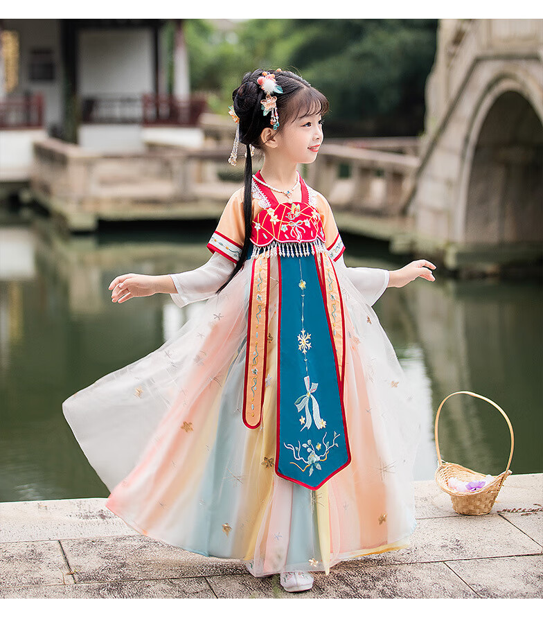 天颛 汉服女童10岁古筝演出服古代公主裙儿童古装古风表演仙女裙唐装