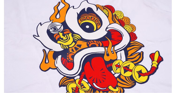 hea醒狮国粹传承开心简单刺绣印花春款宽松男女同款情侣短袖t恤 荧光