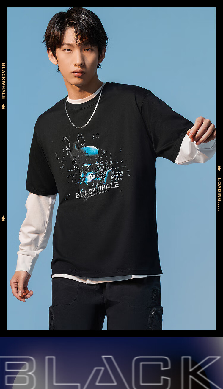 黑鲸小鲸人印花短袖t恤男2022年夏季新品宽松休闲短t男商场同款黑色b7