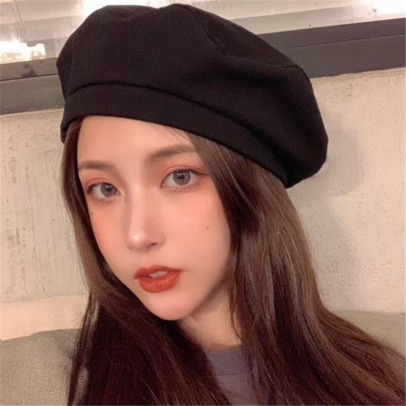 新款韩版网红同款时尚百搭气质贝雷帽超火外搭纯色帽子女黑色55575