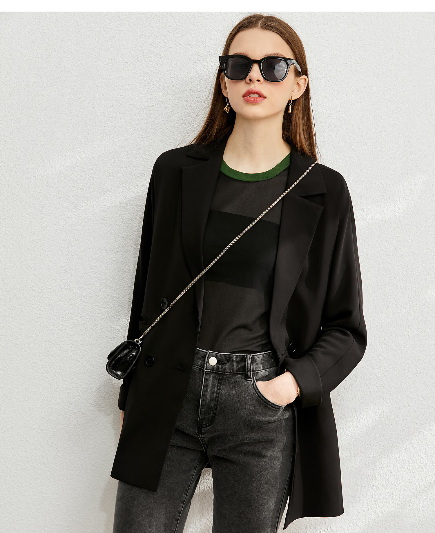 amii极简撞色圆领短袖微透视网纱t恤夏季新款修身显瘦上衣女 琥珀色