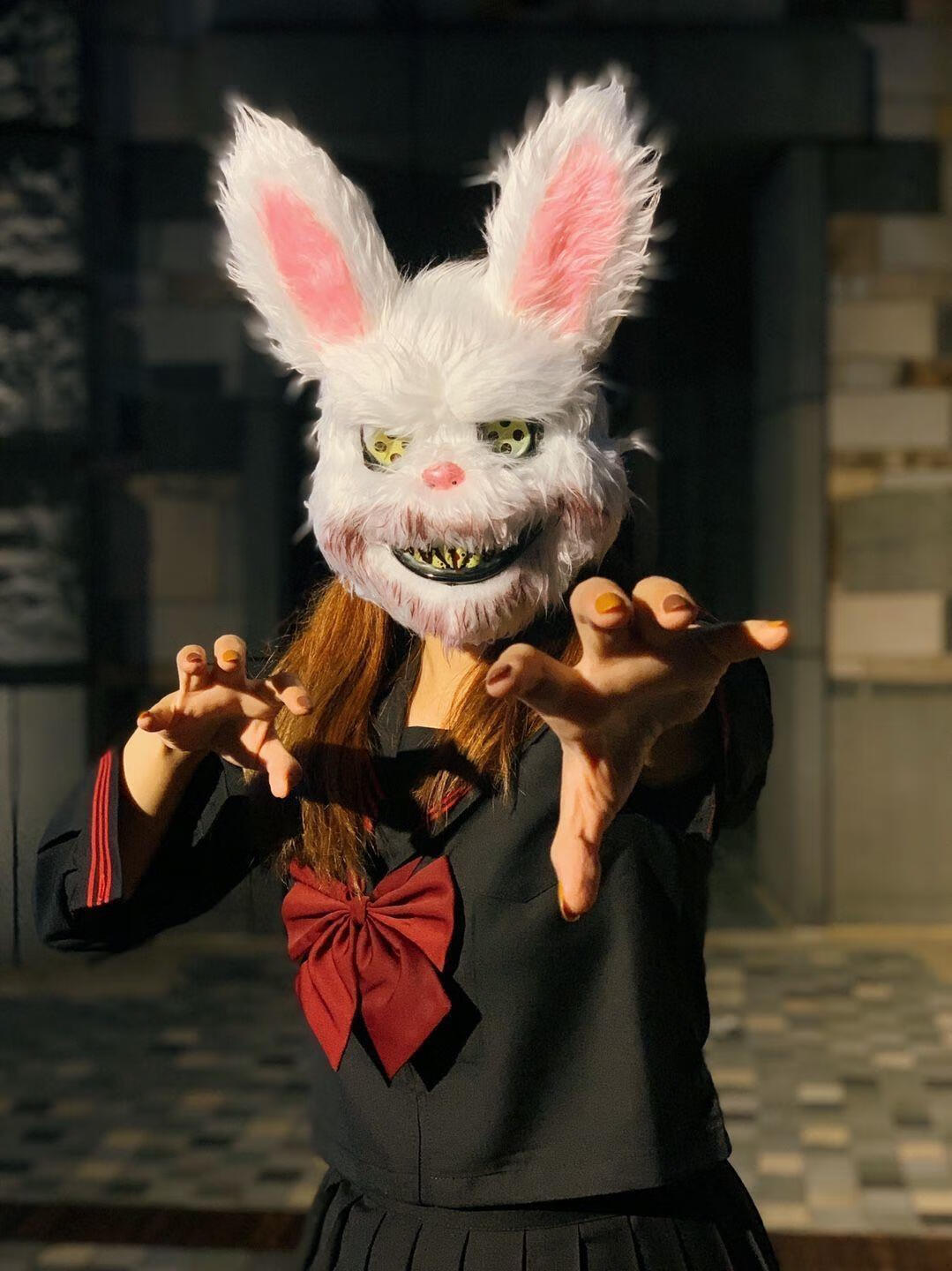 搞怪死神密室逃脱道成人舞会cos装扮兔子血腥头套 全脸绿光兔子面具