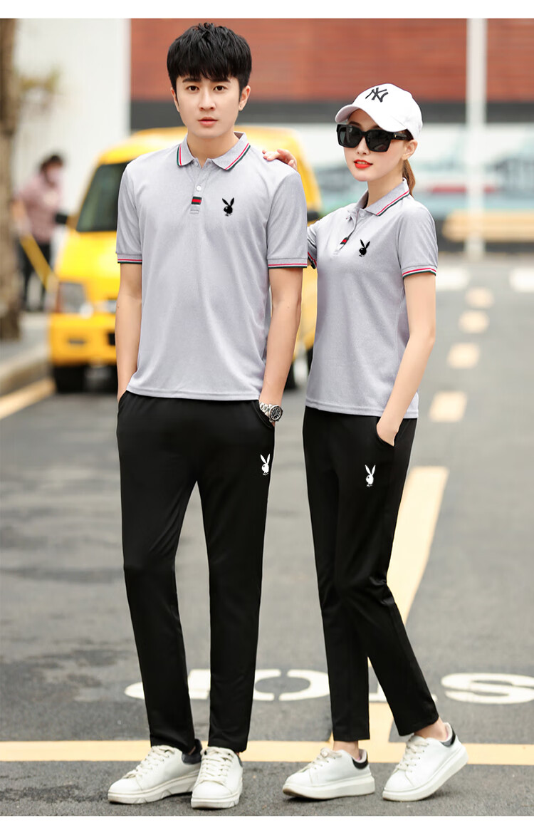 花花公子 新款情侣运动套装男士polo衫短袖长裤休闲运动服女大码夏