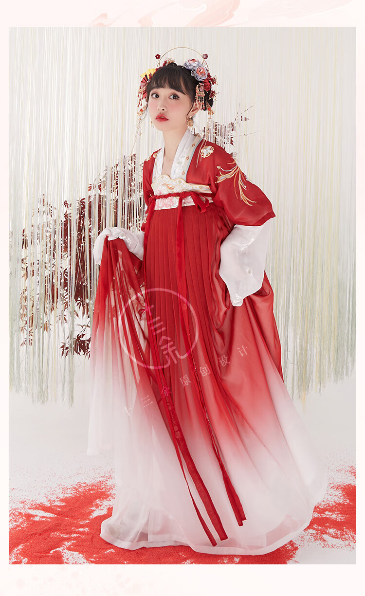 十三余小豆蔻儿盛唐朱砂对襟上衫齐胸裙绣花半臂汉服女一片式下裙现货