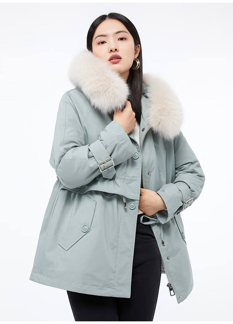 敦奴dunnu2021冬新款捷克鹅绒服狐狸毛领派克羽绒服外套 湖蓝 xxl