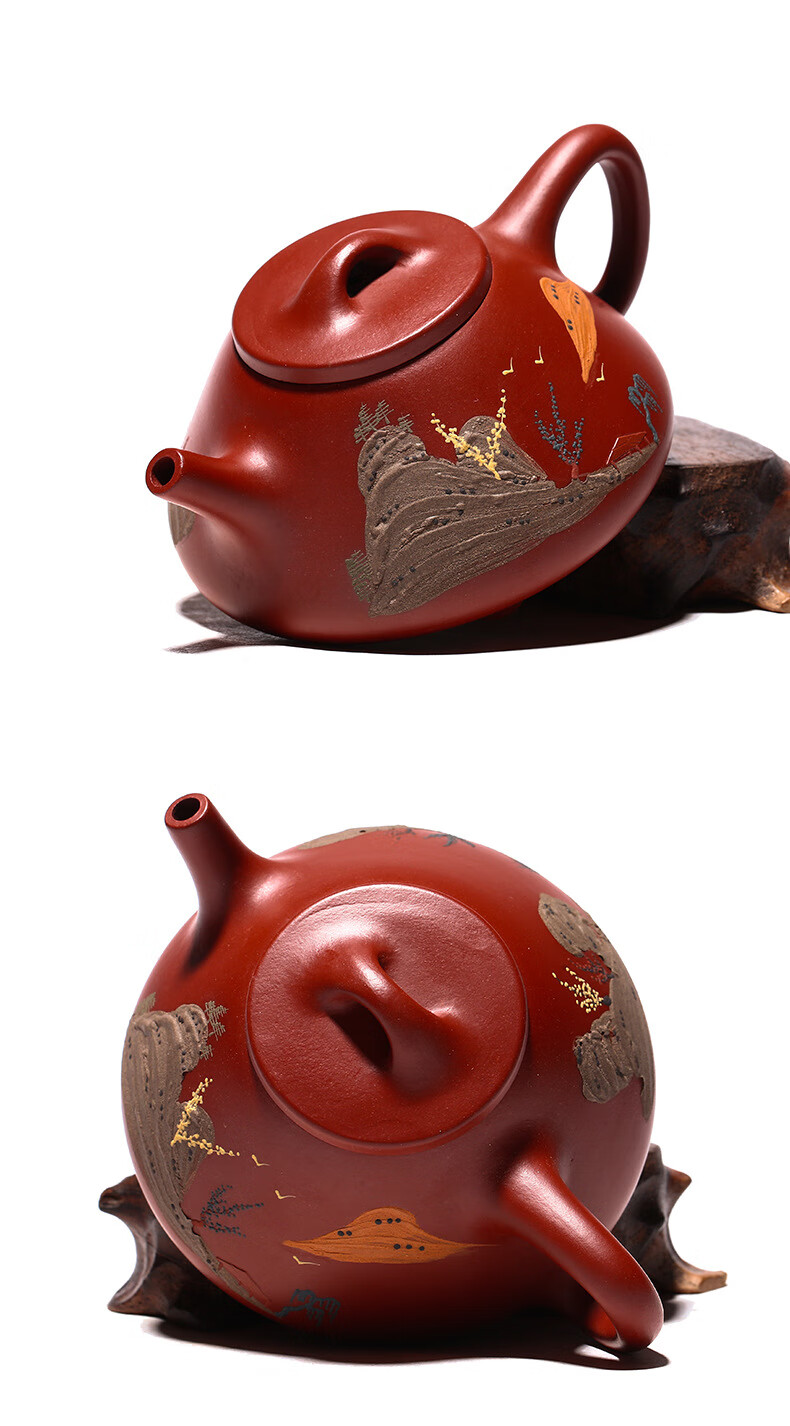 王国望宜兴紫砂壶山水子冶石瓢泥绘茶壶茶具手工大红袍山水石瓢王国望