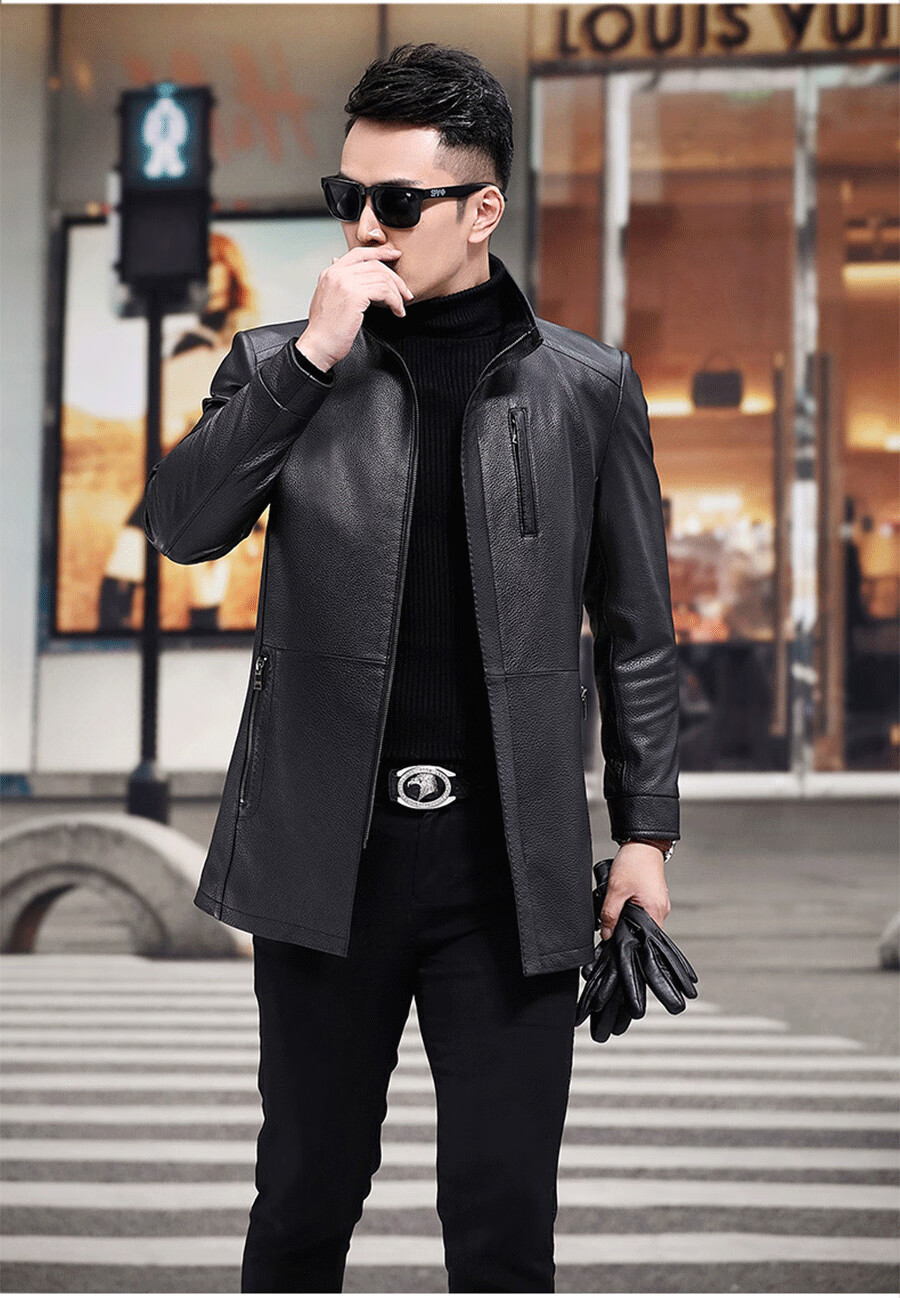 新款中青年修身商务休闲薄款男士皮大衣立领男装机车外套黑色1904xl
