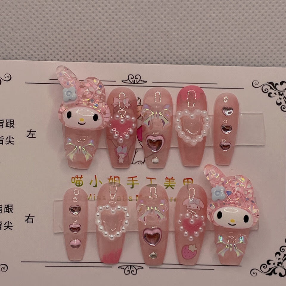 精选假指甲美甲贴片美乐蒂凯蒂猫y2k辣妹美甲手工光疗可拆卸贴片古莎