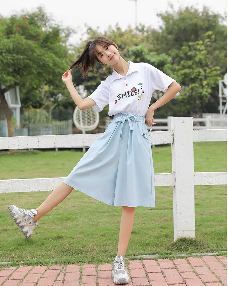 夏季新款polo衫五分裤裙套装少女初中高中学生休闲两少女装高中生大学
