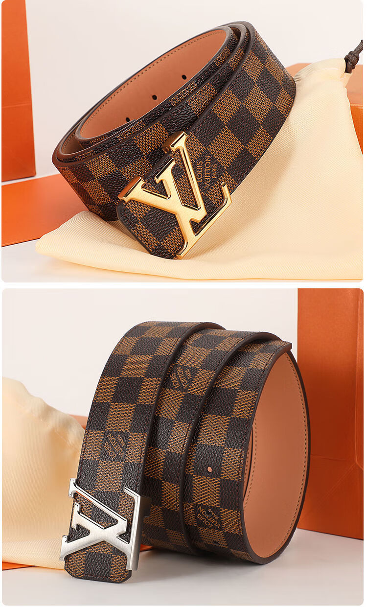 lv腰带男士新款时尚百搭头层真皮格纹商务字母平滑扣牛仔裤潮40黑老花