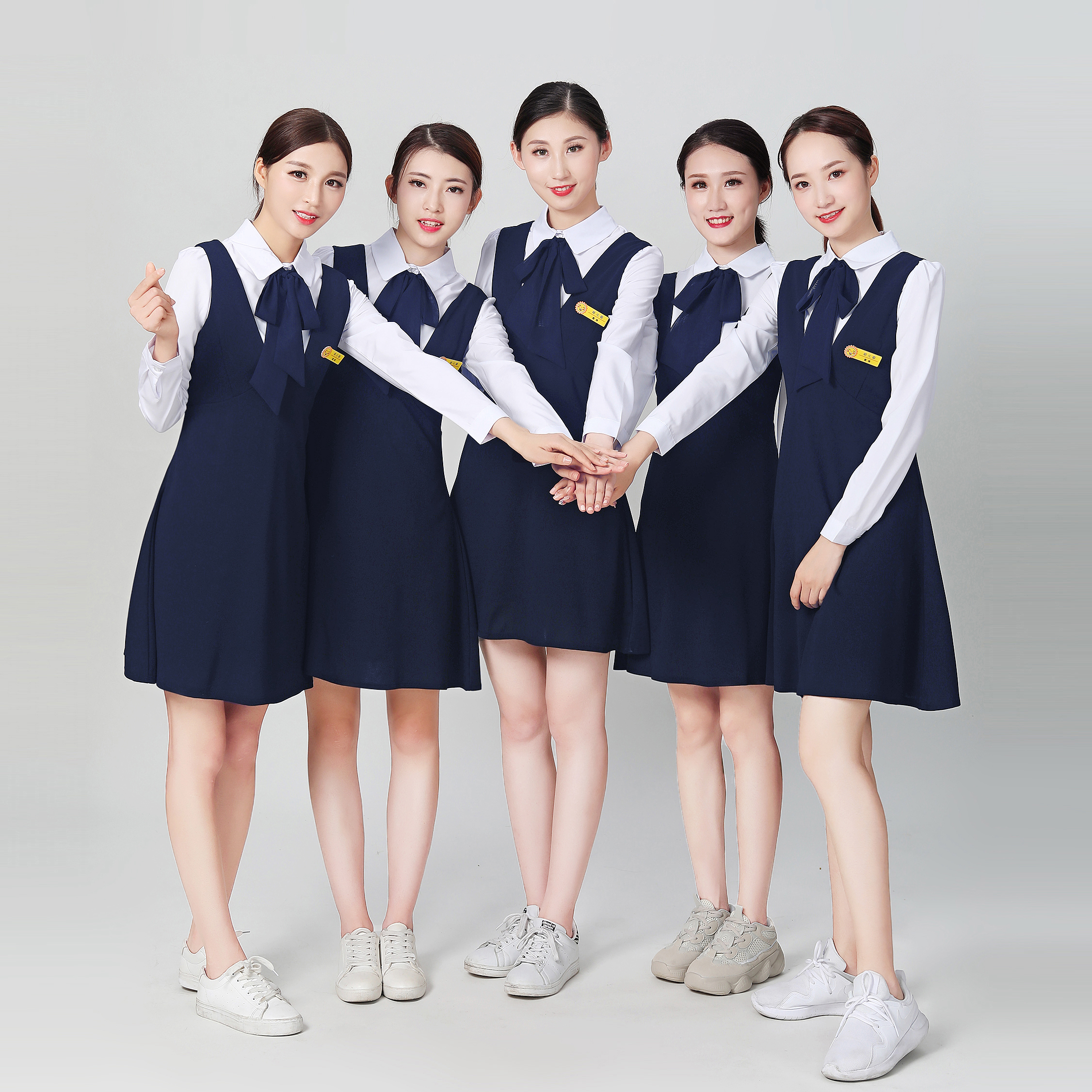 幼儿园教师园服职业装秋长蓝色连衣裙幼师工作服老师团队服定制款