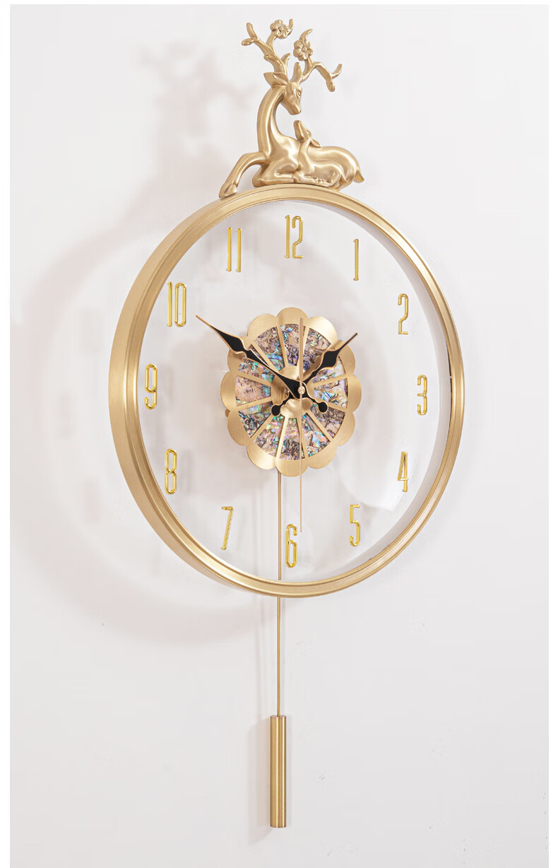 琳诺 轻奢创意全铜母子鹿静音摇摆时尚挂钟吉祥鸟可透视透明壁钟客厅