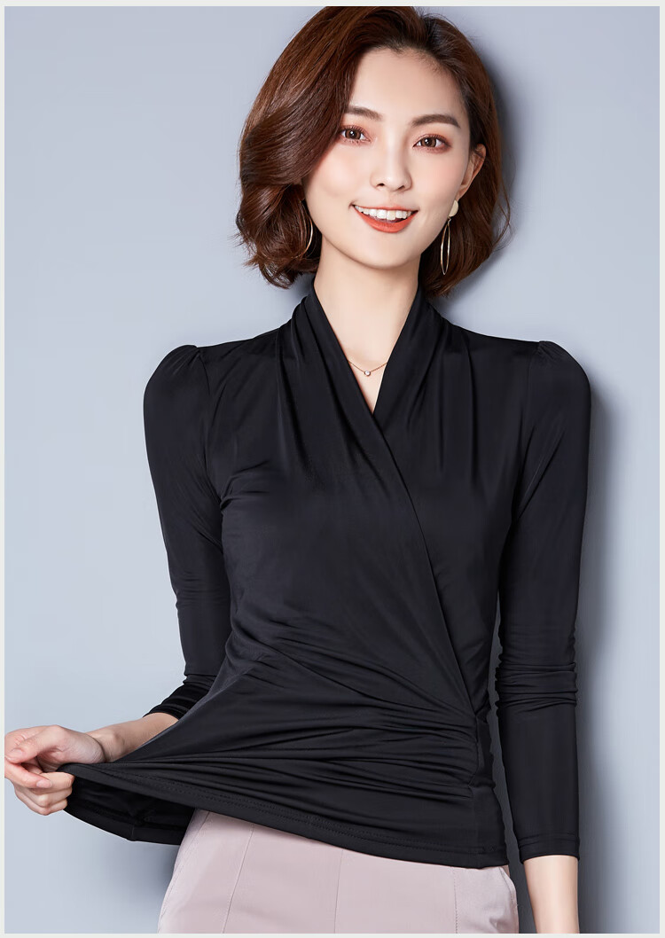 交谊舞上衣女秋季新款长袖拉丁舞标摩登广场舞v领舞蹈练功服装黑色l