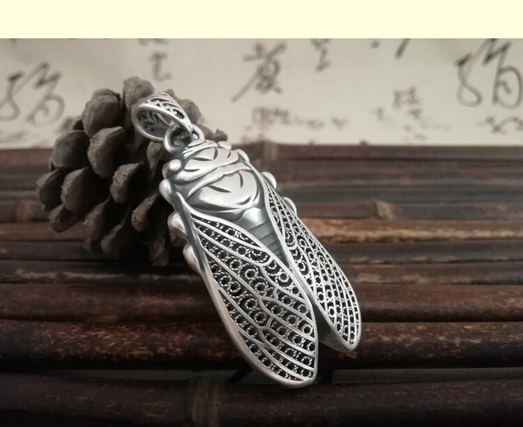 银蝉吊坠999银复古毛衣链银项链挂坠知了一鸣惊人男女银饰坠子 吊坠配