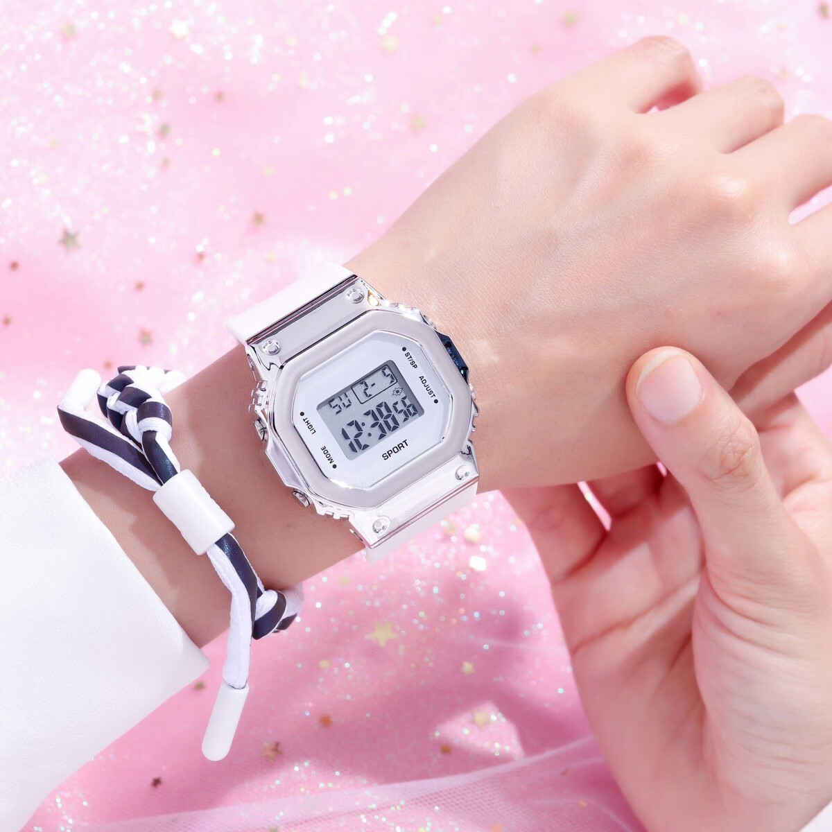 独角兽方形情侣电子表女学生韩版简约初中生男孩夜光运动 01粉色 手表