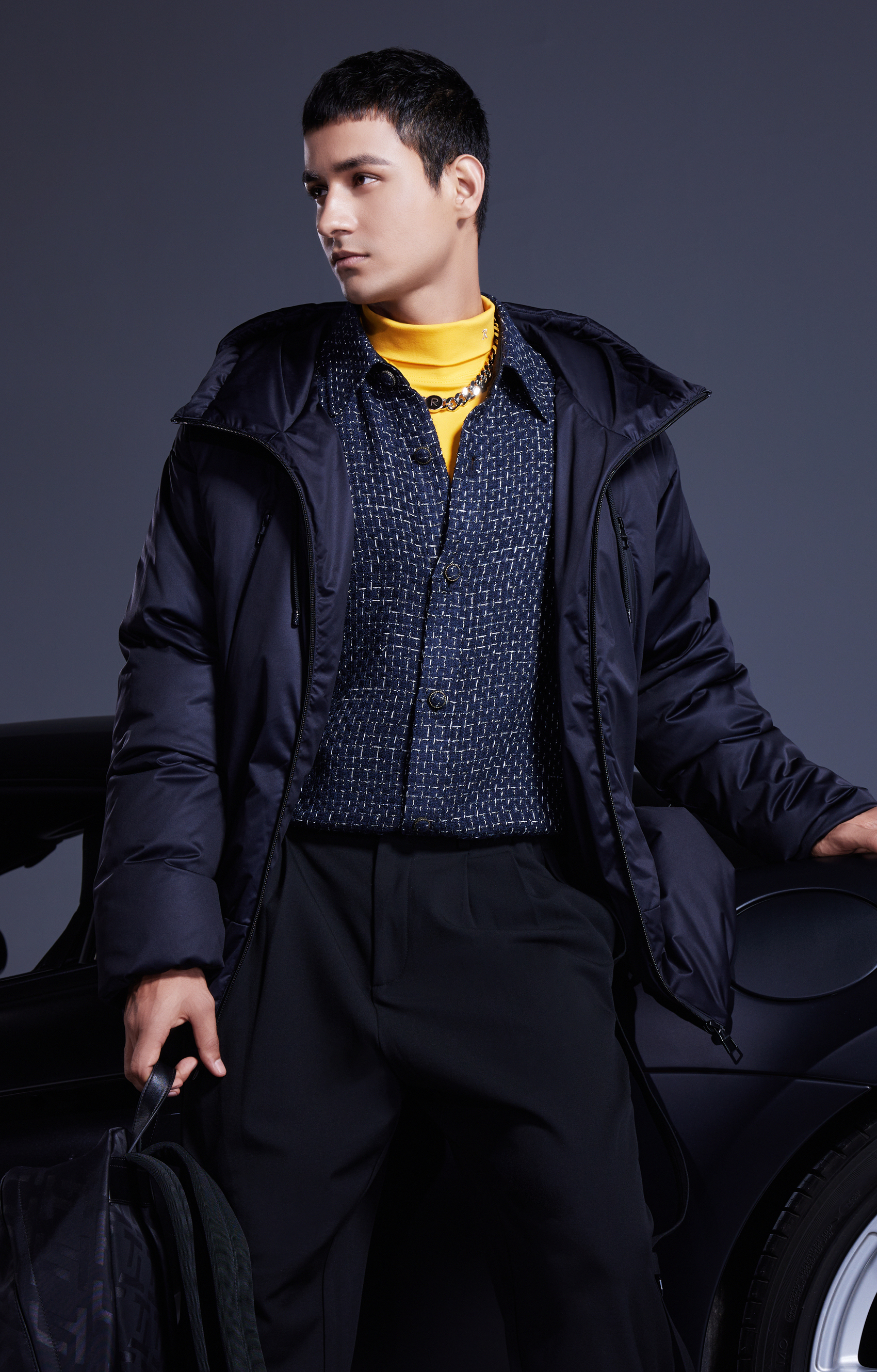 trendiano潮牌新款秋冬拉链分割连帽休闲羽绒服男3ne4333360黑色090s