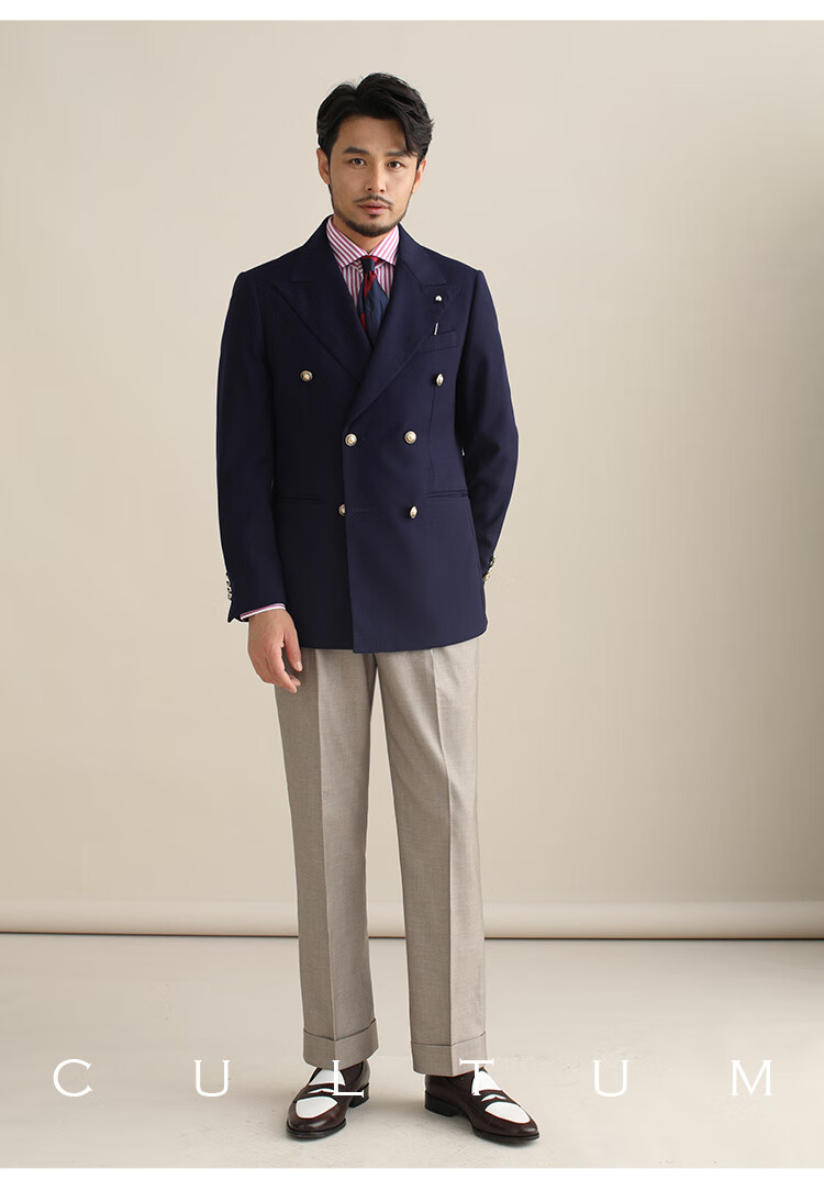 西服cultum意式复古商务布雷泽西服男套装戗驳领双排扣免烫绅士西装