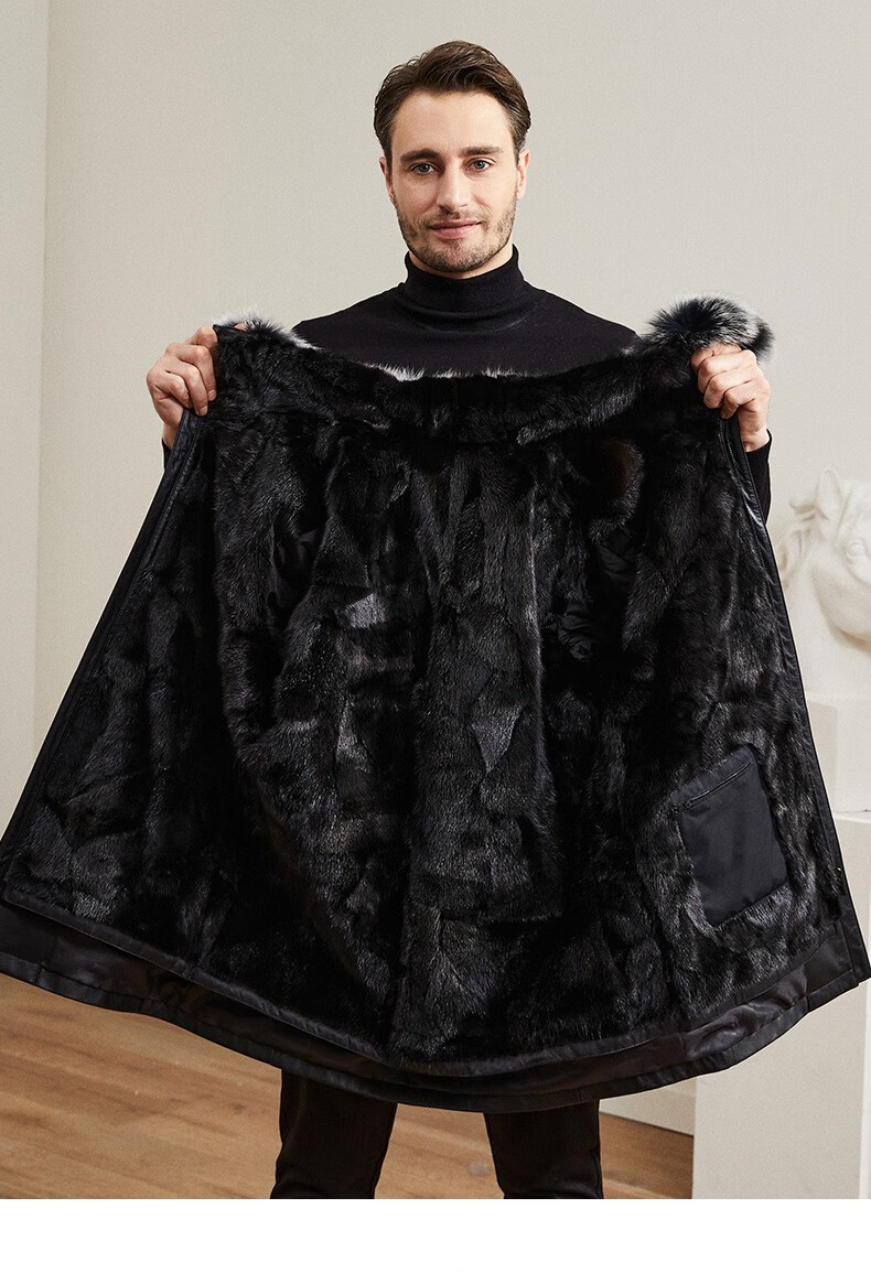 雪豹皮克服头层牛皮冬季狐狸毛领连帽中长款水貂内胆加厚保暖大衣黑色