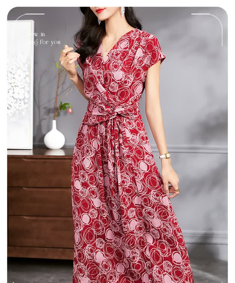 雷公馆真丝连衣裙2022夏季新款桑蚕丝气质v领收腰显瘦