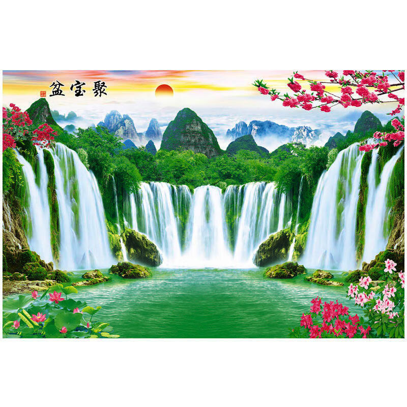 2021新款国画鸿运当头山水画聚宝盆客厅办公室九鱼图风水画墙画装饰画