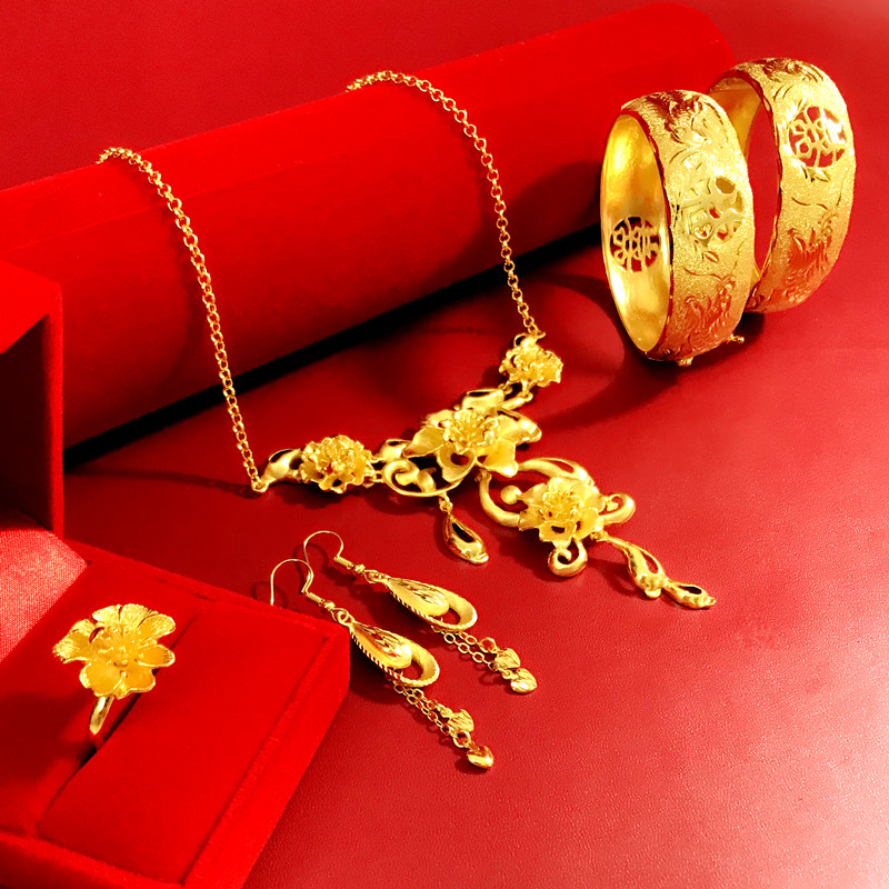 三金首饰 结婚镀金花朵项链女款龙凤镯仿真结婚项链配饰四件套 项链2