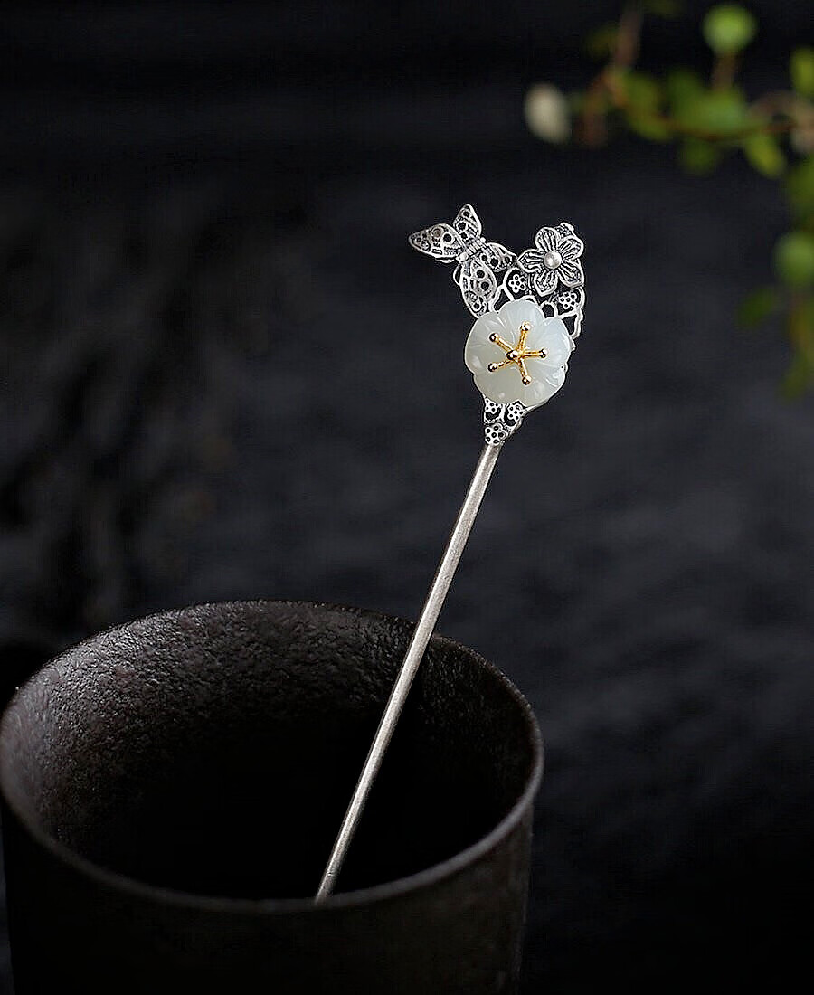 s925银和田玉镶嵌花发簪白玉梅花复古银发饰仿古简约银发簪 白色 925