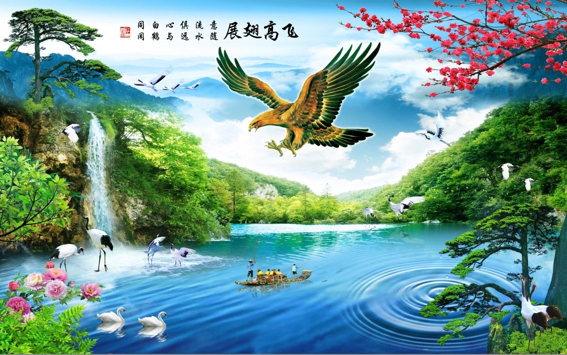 (特价)贴画墙贴壁画壁纸自粘墙纸中式客厅山水画风水墙画装饰电视背景