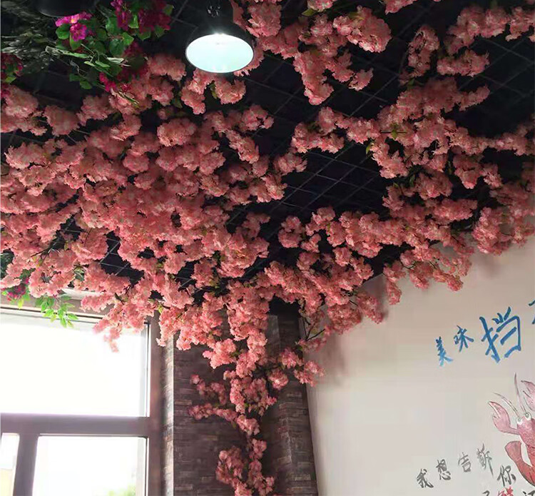 墨一仿真樱花枝塑料花桃花绢花商场室内吊顶装饰花墙婚庆樱花树假桃花
