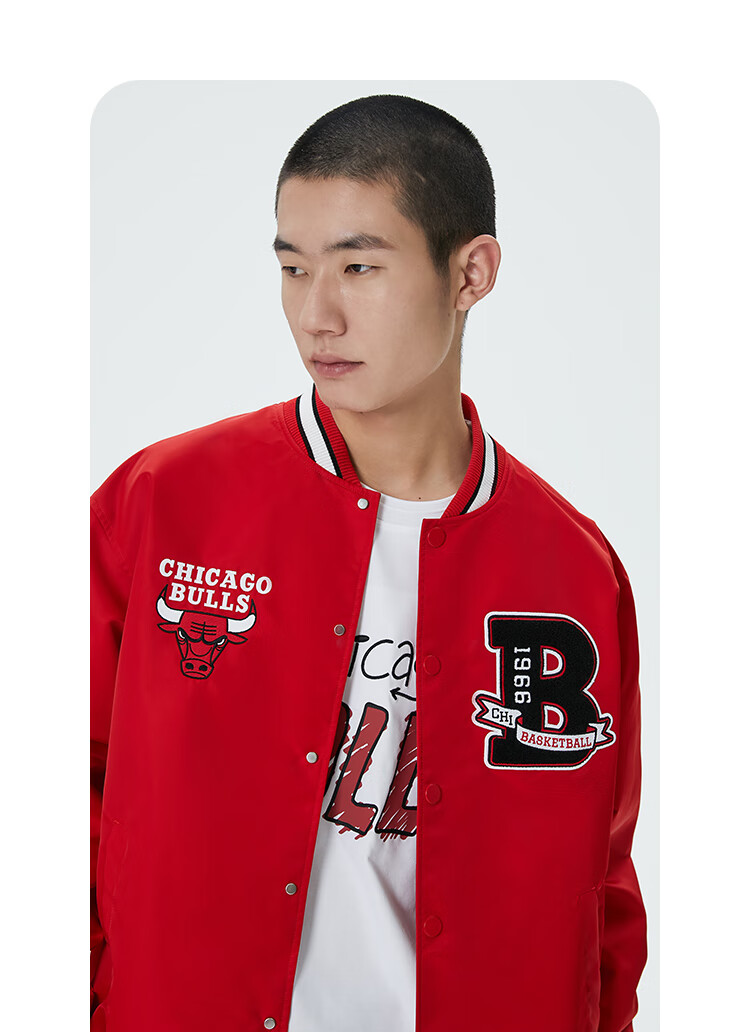 杰克琼斯秋季男士nba联名公牛队图案装饰百搭棒球夹克外套222321051
