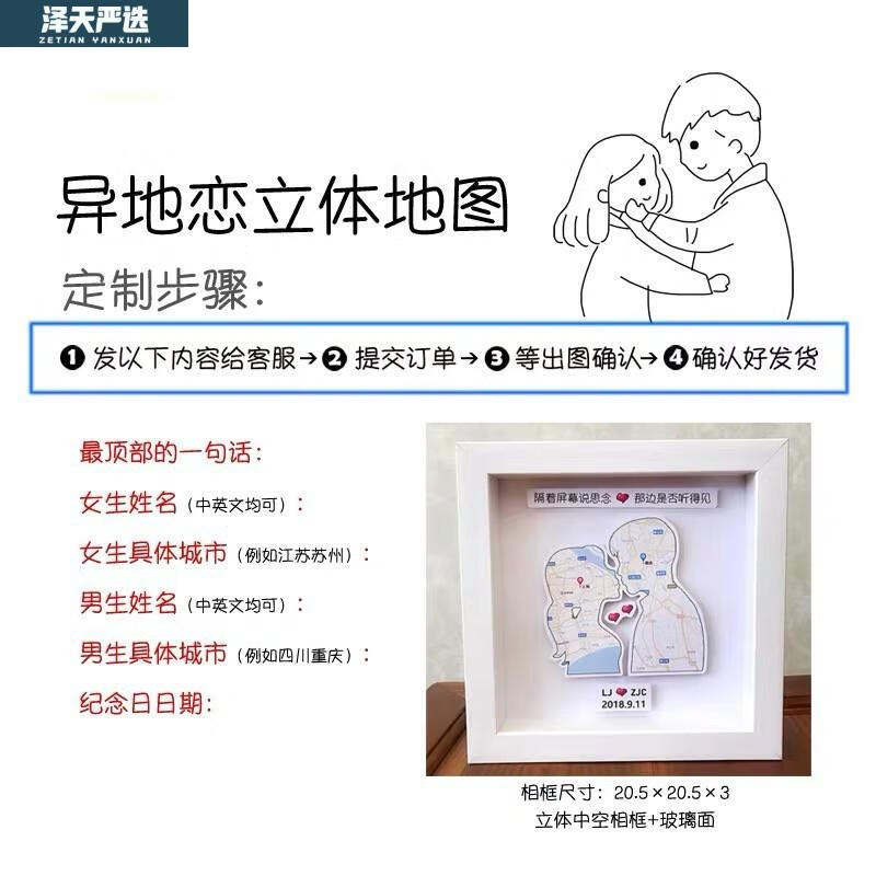 私人定制异地恋军恋地图相框手工制作周年纪念情侣男朋友生日礼物情侣