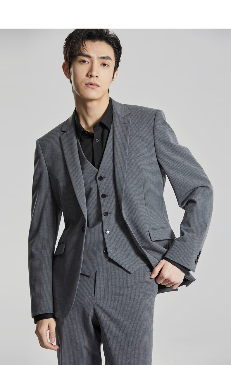 利郎男装西服套装三件套条纹一粒扣秋季新款男士西装套西 灰绿间色(g2