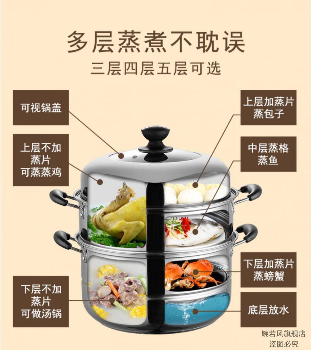 苏泊尔蒸锅大尺寸蒸包子锅家用复底三层加厚2小3层馒头的笼大号煤气