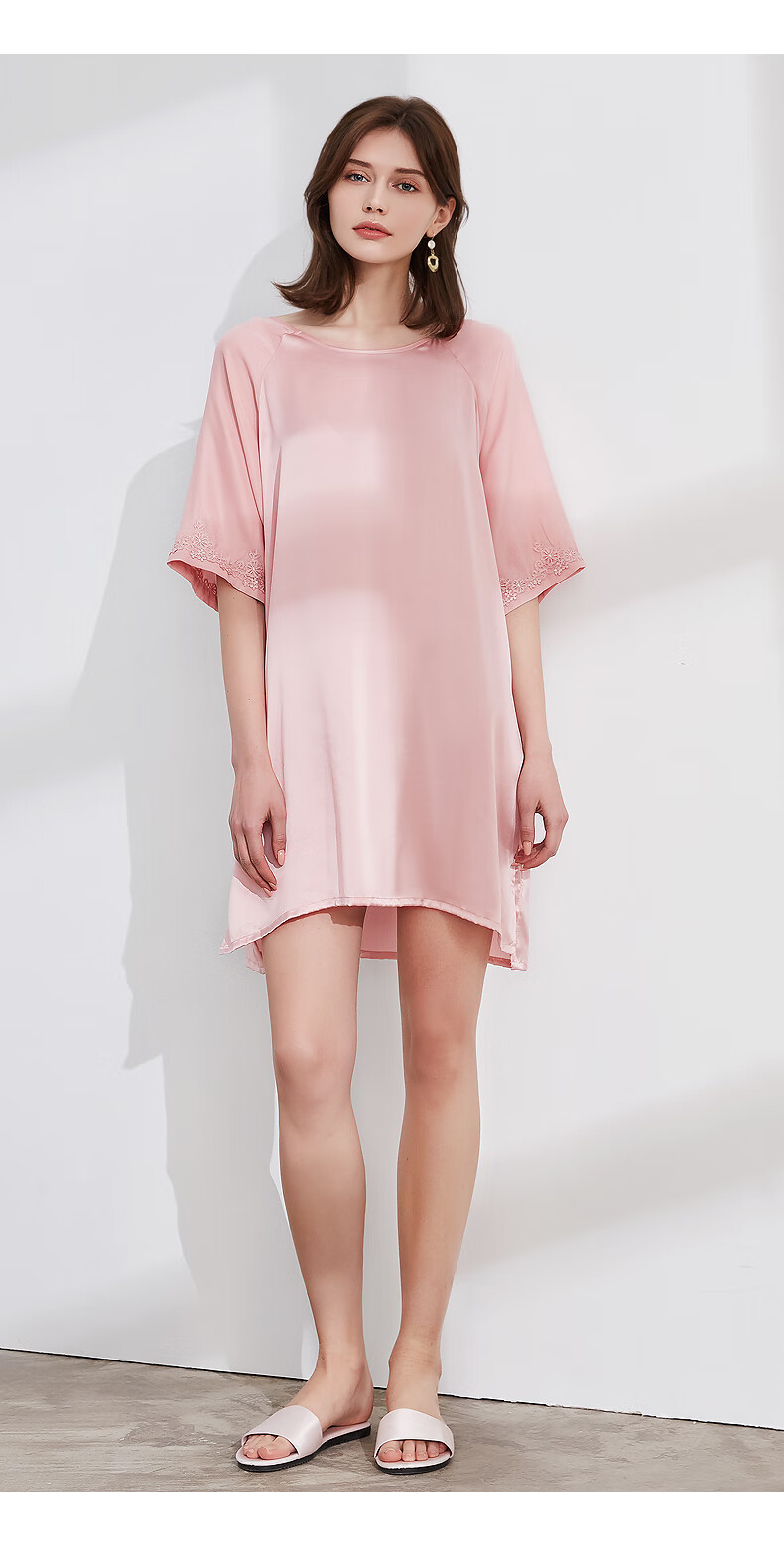 丝语莲花真丝大码简约睡裙女半袖纯色蕾丝睡衣100桑蚕丝绸中袖休闲胖